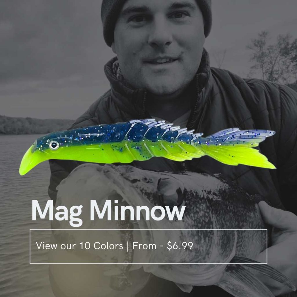 Mag Minnow lure in blue and chartreuse, ideal for bass and crappie fishing